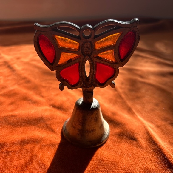 Vintage Cast Iron Stained Glass Butterfly Bell Hand Bell Dinner Bell - Picture 2 of 5